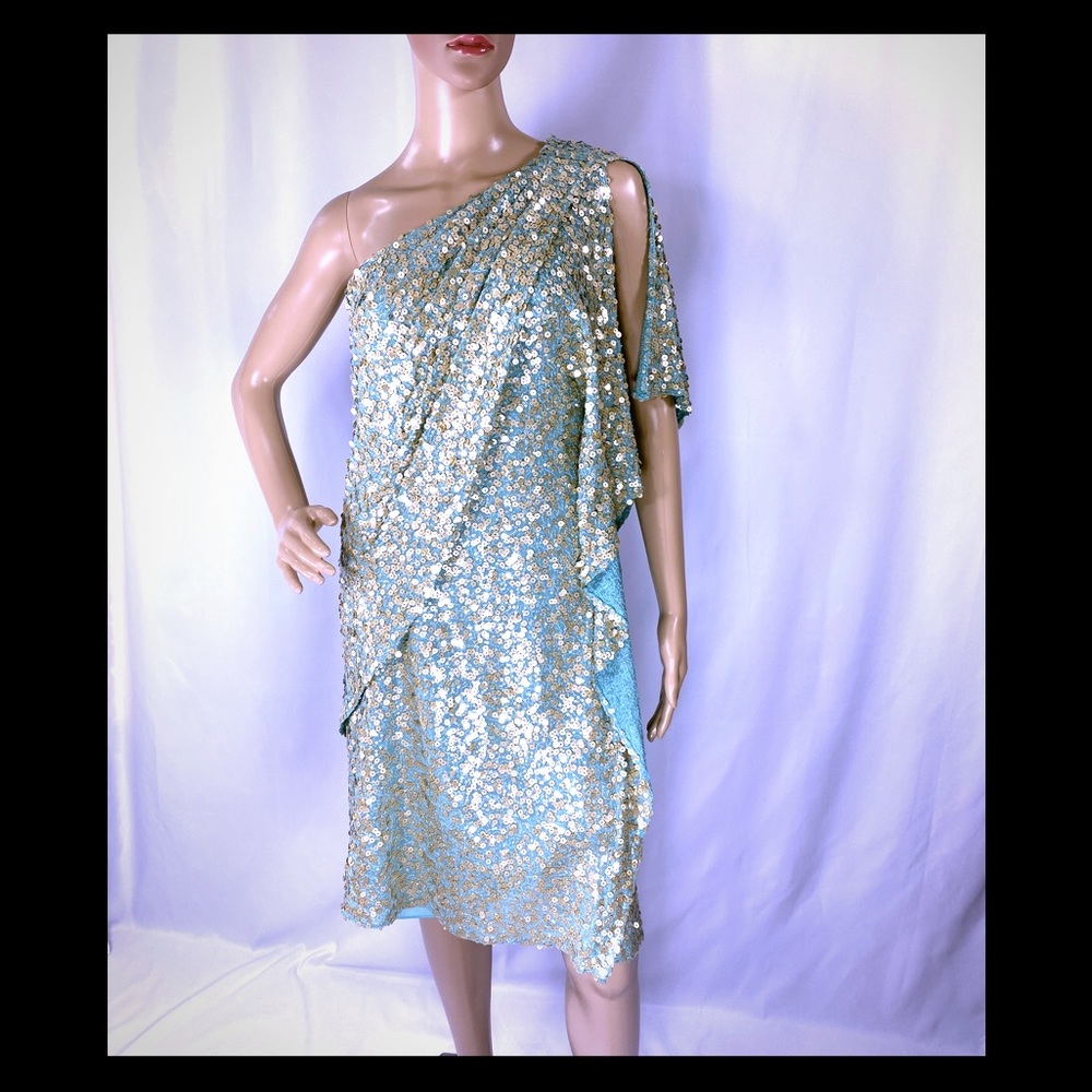 Badgley Mischka Aqua & Gold Sequin Occasion Dress